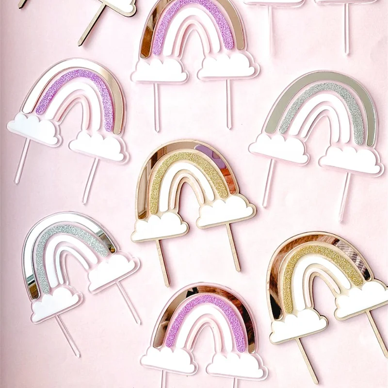 Pastel Rainbow Cloud Cake Topper Colorful Rainbow Cloud Cake Decorations Silver Gold Acrylic Clouds Cake Toppers