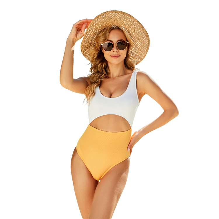 2023 Summer Custom Sexy Swimsuit Suit Photo Swimsuit Yellow and White Contrast Color Tailoring Thickened One-Piece Swimsuit Suit