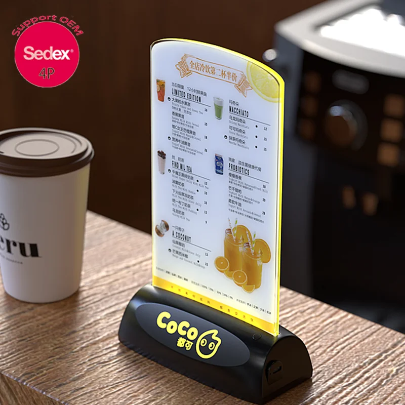 Hot Sale laser engraving customs logo cover acrylic LED Menu Holder