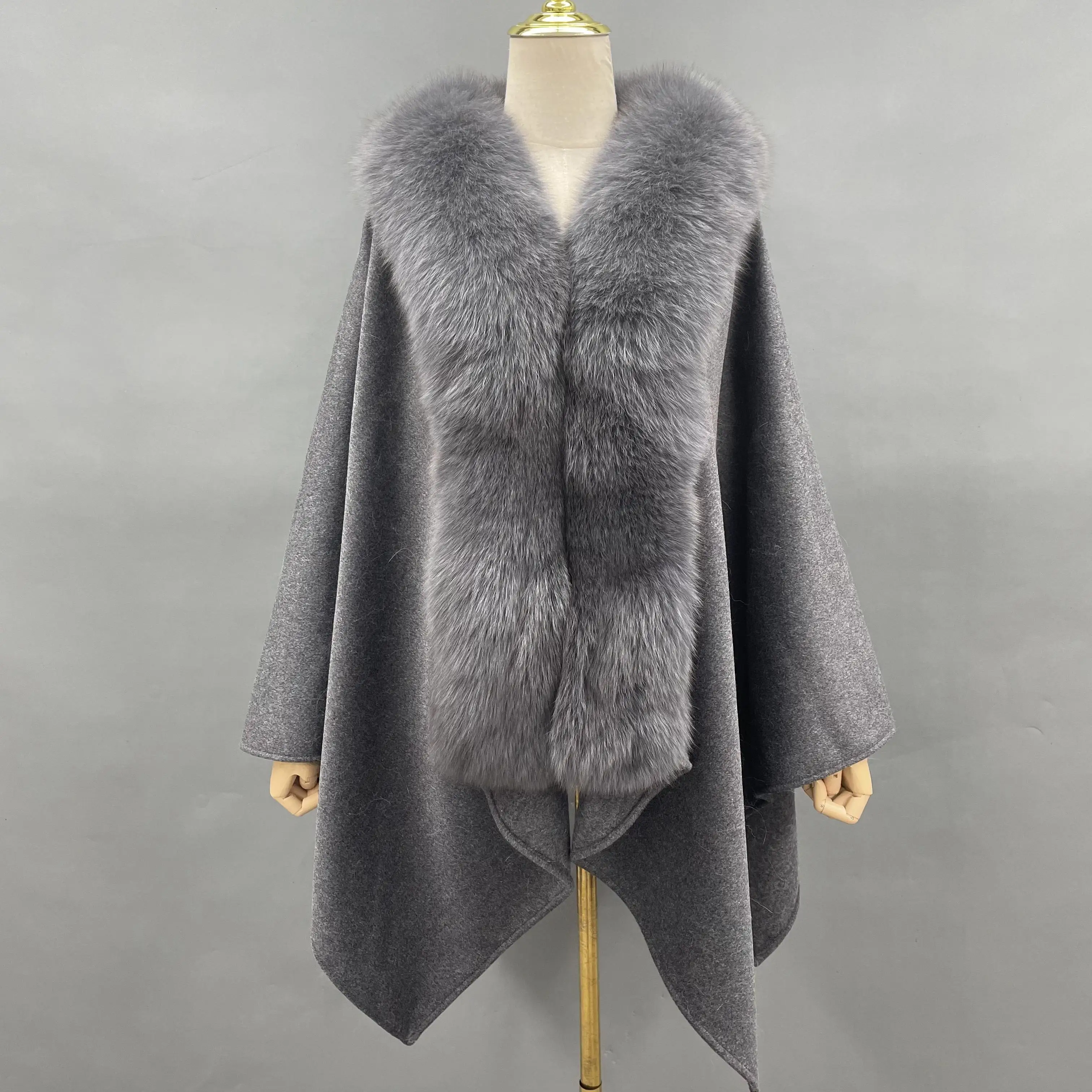 Winter Cashmere Shawls Cape  Women Fur Trim Ponchos Fox Fur Shawl