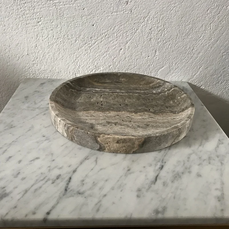 Silver grey travertine tray dia30x3cm thin edge travertine round tray