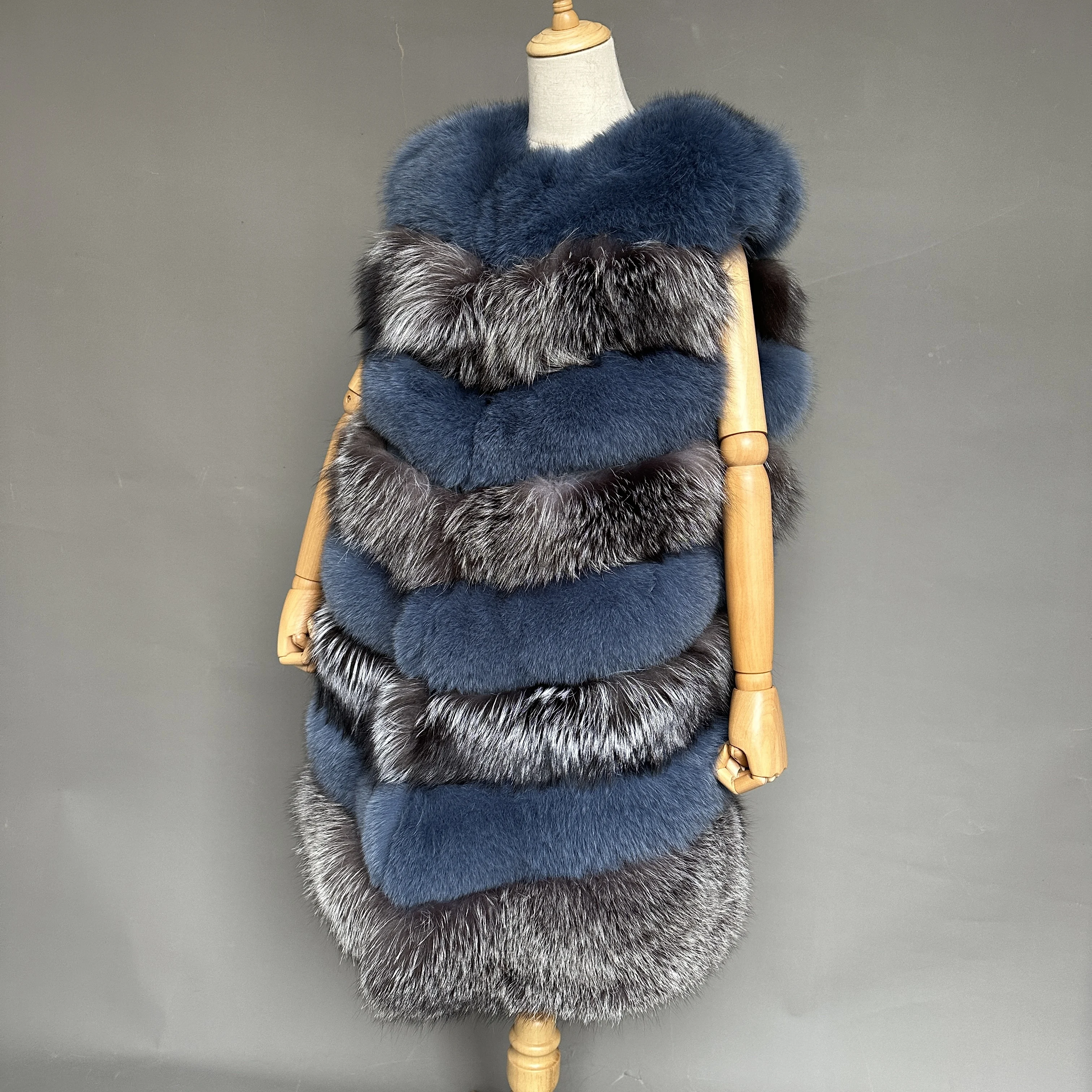 Multicolor Genuine Fur Stitching Vest Female Striped Silver Fox Fur Long Vest Women Winter Real Fur Gilet