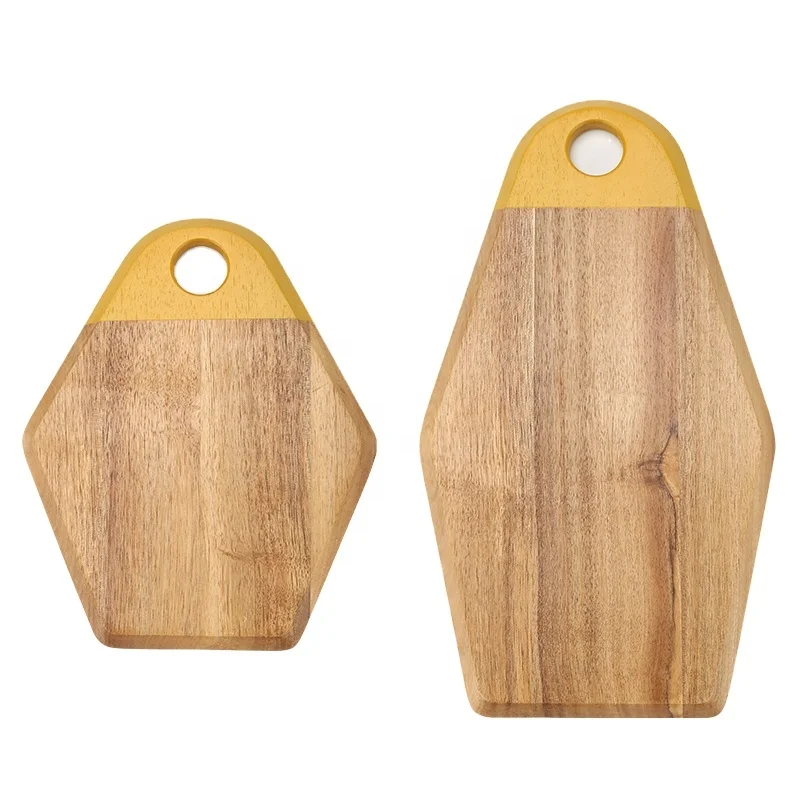 Factory Customize Set of 2 Pieces Irregular Yellow Printing Acacia Wooden Cutting Chopping Serving Boards With Printing Handle
