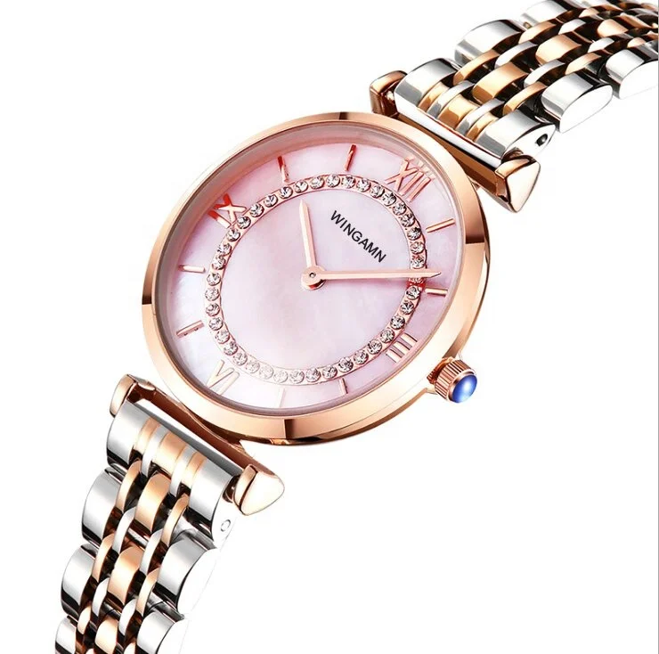 Custom Made Rose Gold PVD Plating SW Diamond Mother of Pearl Watch Dial Quartz Elegant Solid Steel Polish Bracelet Watches