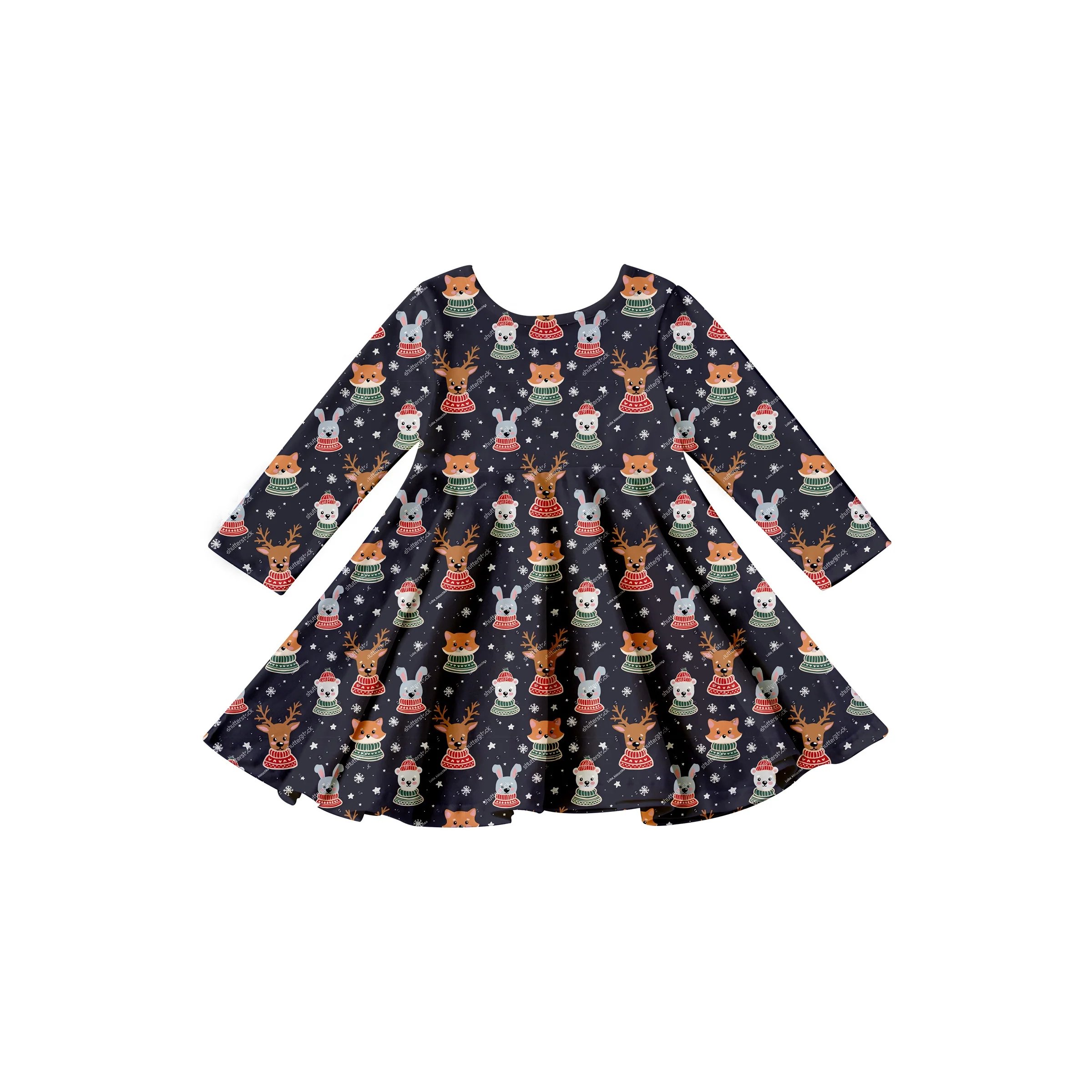 Girlymax 2022 Christmas winter snowmen reindeer Long Sleeve A-LIne Twirl Knee Length Baby Girls Dresses Kids Clothing