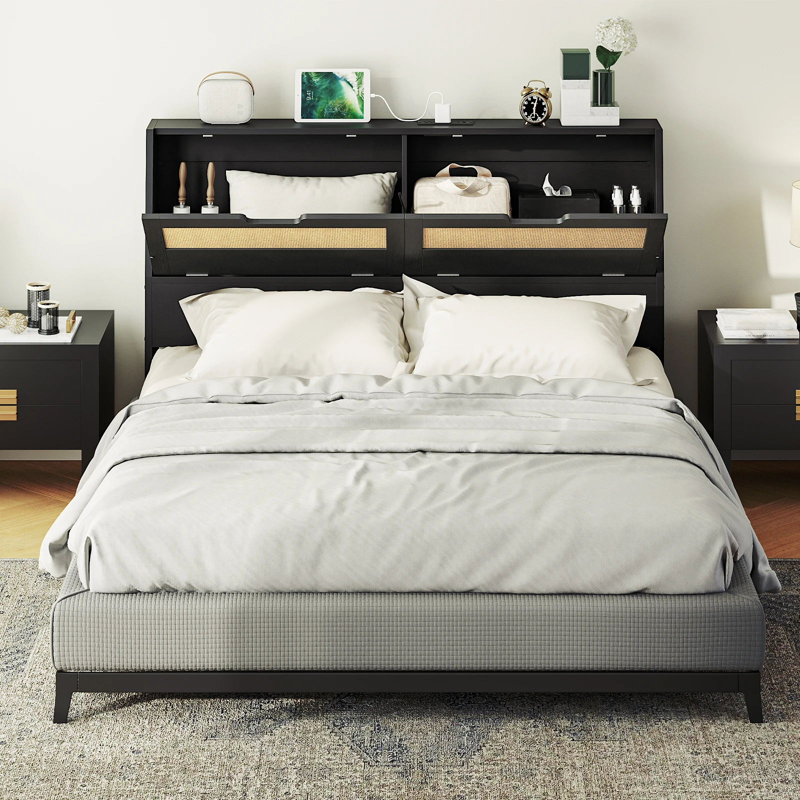 Wholesale Rattan Headboards, HOOBRO Brand Rattan Style King/Queen/Full/Doulbe/Twin/Single Size Bed Headboard for Bed Frame