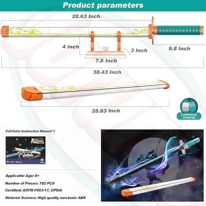 Demon slayer sword building block set, with scabbard and bracket, Cosplay animation sword building toy set, with luminous.