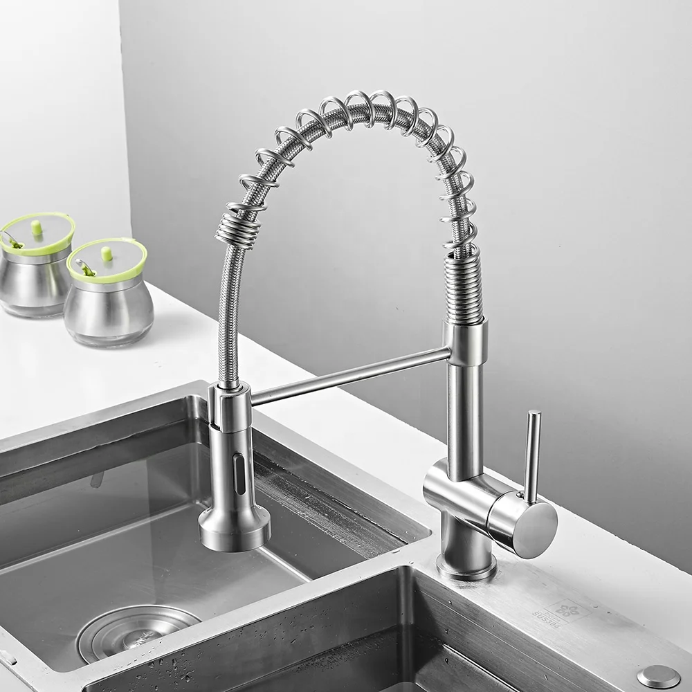 Sanitary Ware Contemporary Flexible Kitchen Faucets Tap Single Hole Pull Out Brass Commercial Spring Kitchen Sink Mixer Faucet