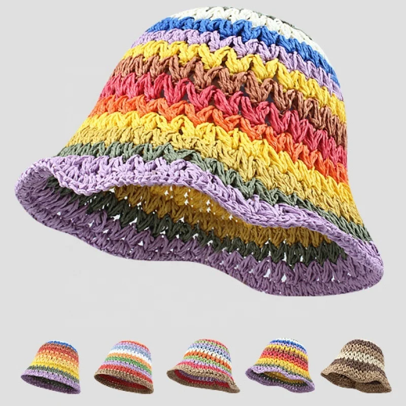 WD-A813  Colorful Handmade Crochet Raffia Bucket Visor Hat Folded Beach Sunscreen Straw Hats For Women