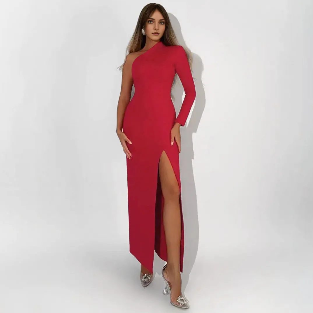 OOTN Long Elegant Dresses for Women Summer One Shoulder Maxi Dress Bodycon Sexy Black Slit Formal Wedding Evening Party Dress