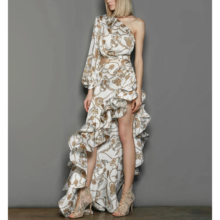 New Arrival High Quality One Shoulder Puff sleeve Silk Satin Cut Out Ruffled Asymmetry Party Evening Sexy Maxi dress