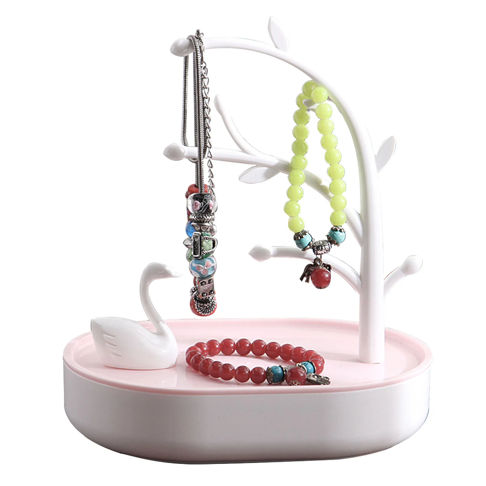 Tree Branch & Swan Jewelry Display Stand With Storage Base, Tree Tower Rack Holder Organizer for Ring Earrings Necklace Bracelet