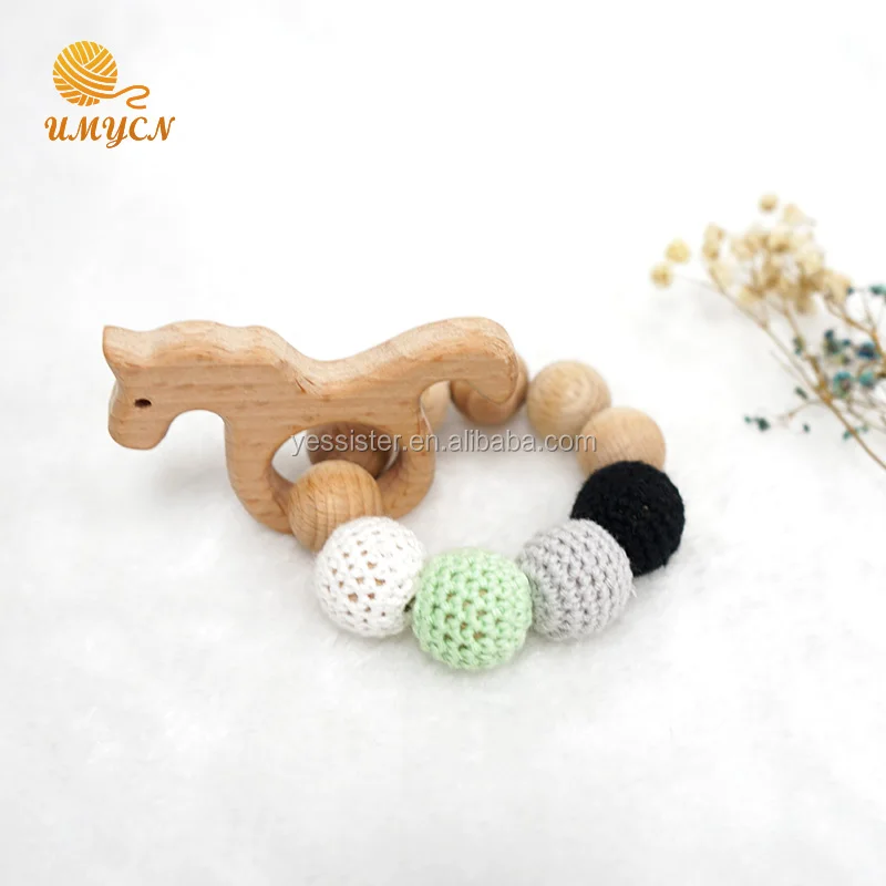 Chewable Beech Crochet Wooden Beads Teething Bracelet Baby Animal Toys