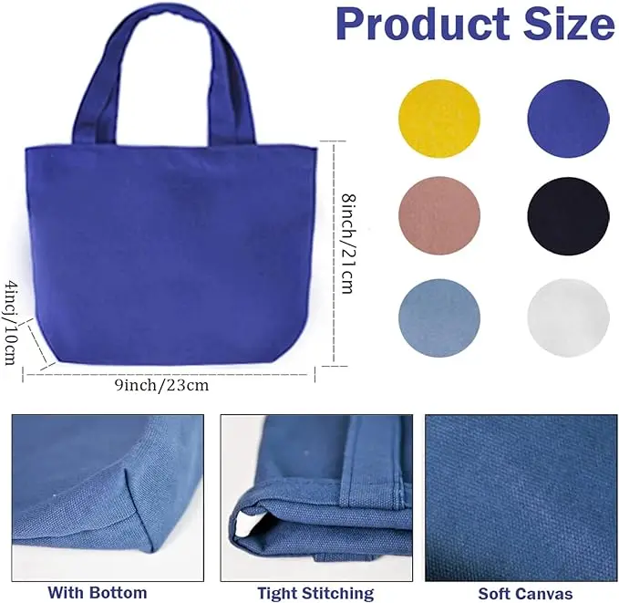 Pamela Small Canvas Tote Bags 9x8x4inch Reusable Cotton Shopping Bags Bulk DIY Mini Tote Grocey Gift Bag