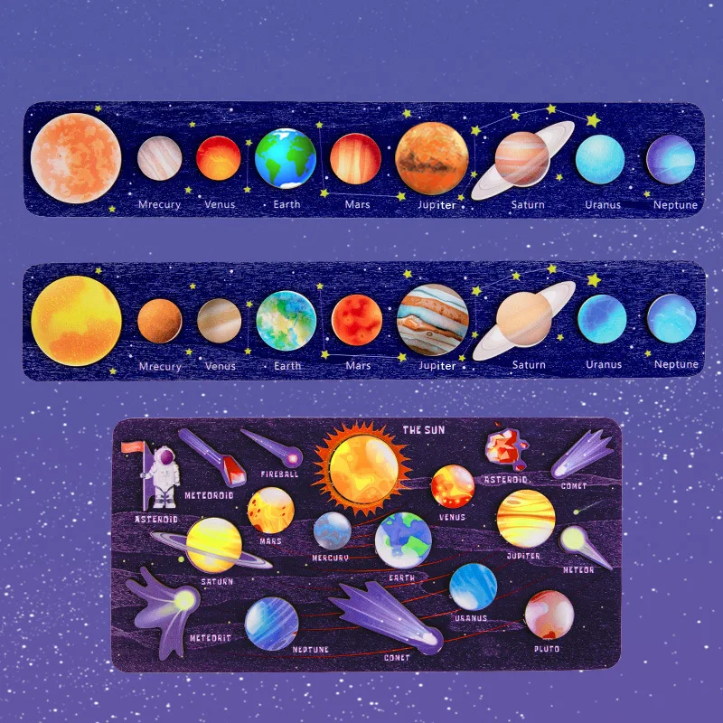 Removable Planets Outer Space Themed Educational Puzzle Game Toy Solar System Model Board Wooden Science Toys for Kids