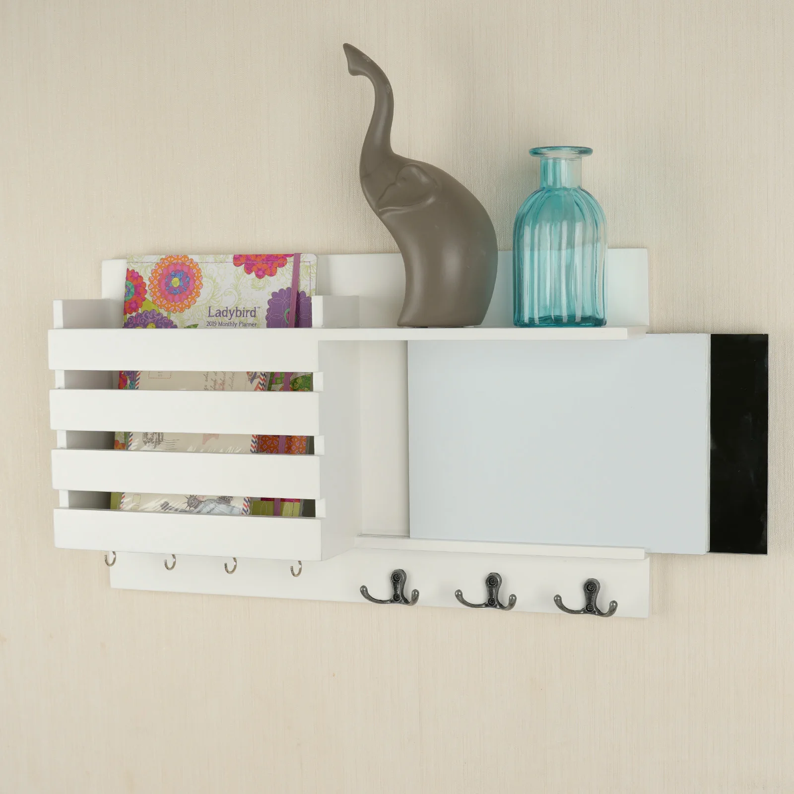Wall mounted multifunctional wooden organizer with mirror, weekly calendar, and white dry erase board