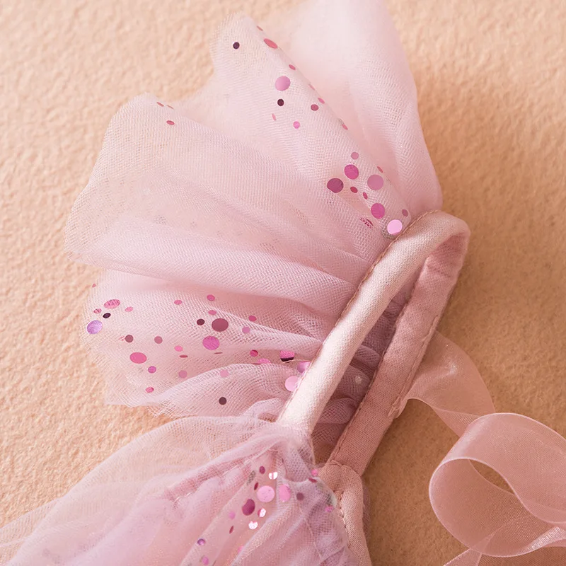 Flare sleeve glitter solid color cotton lining tulle kids girl summer dress