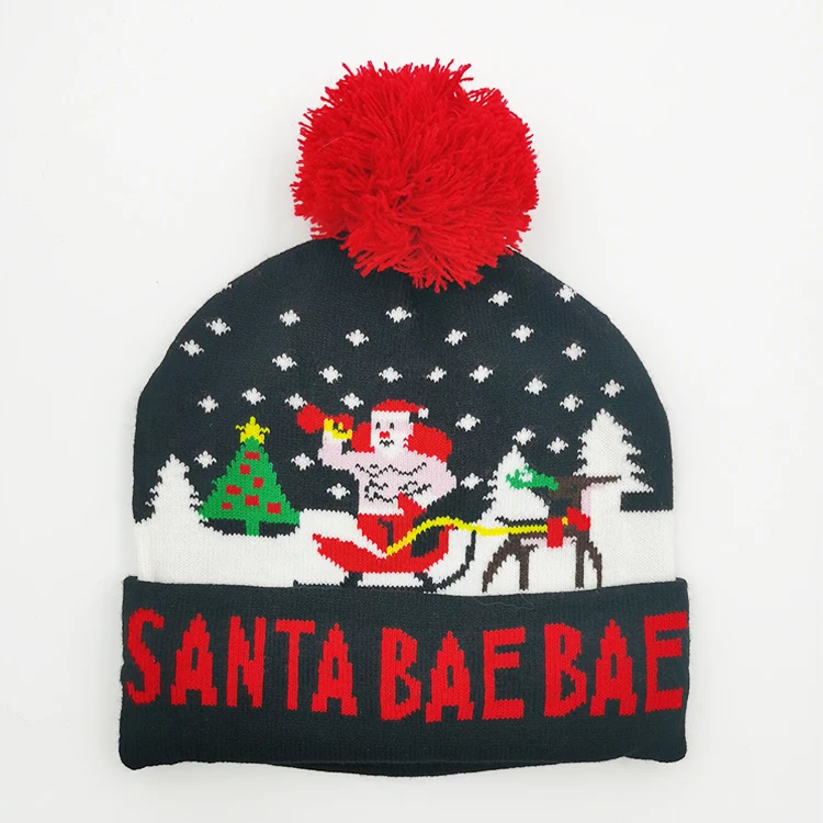 Wholesale funny novelty Christmas hat with pompom Custom hat Santa Claus pattern