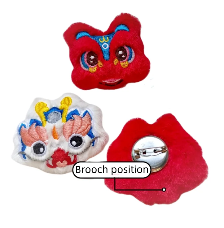 Chinese lion head brooch festive red delicate embroidery Chinese lion dance culture shirt clothes accessories brooch