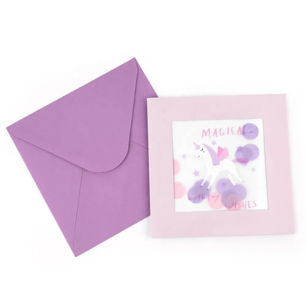 Manufacturer Custom Printing Square Purple Funny Unicorn Girls Blank Handmade Kids Happy Birthday Greeting Cards with Envelope