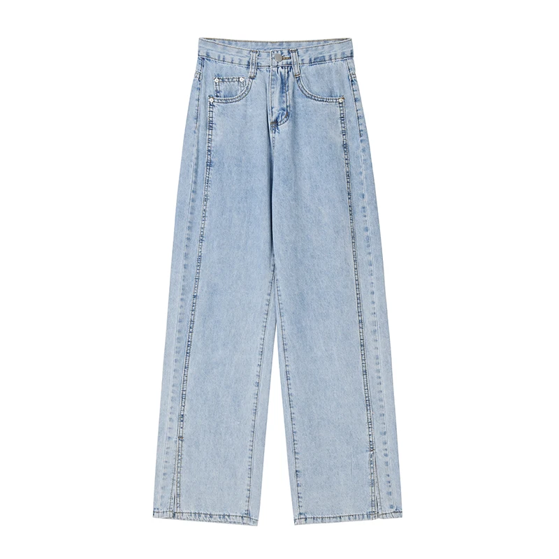 
Spring Thin Korean Floor Pants Cowboy 2020 Split High Waist Women Large Size Loose Straight Wide Leg Jeans Pants 