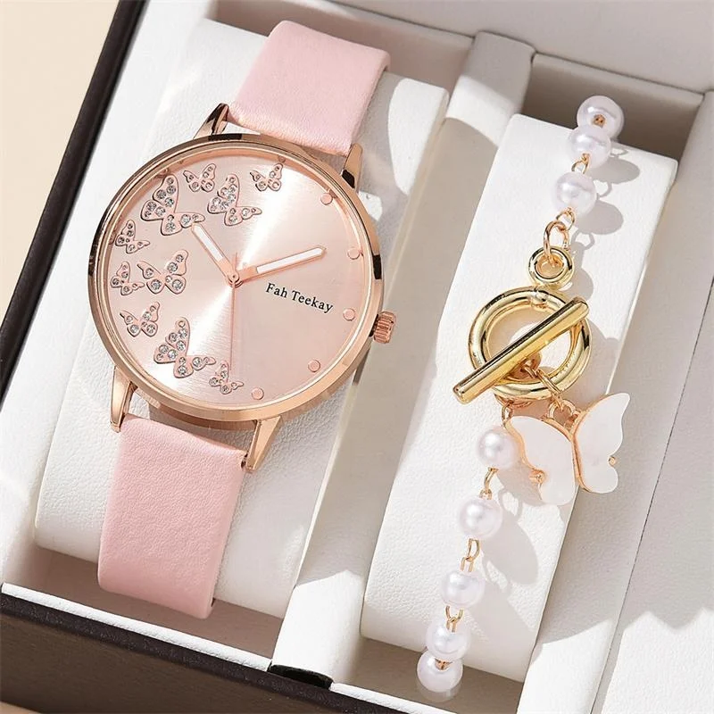 Many Different Colors Fashion Pearl Bracelet with Lady butterfly Belt Quartz Watch Set Jewelry