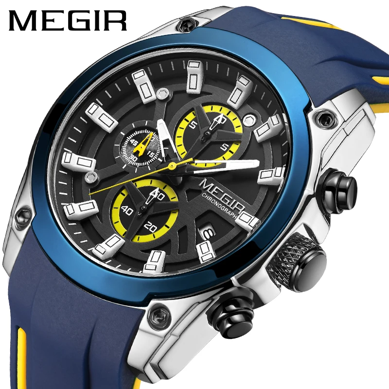 MEGIR 2144 Chronograph Wrist Watch Military Sports Watches Quartz Wristwatches Men Watch Silicone Waterproof