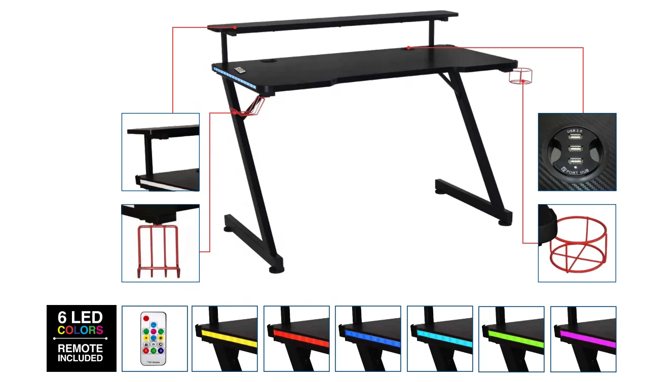 Modern Black Mesa Gamer Table Home Office Furniture Wooden Laptop PC Corner Racing RGB Gaming Computer Desk