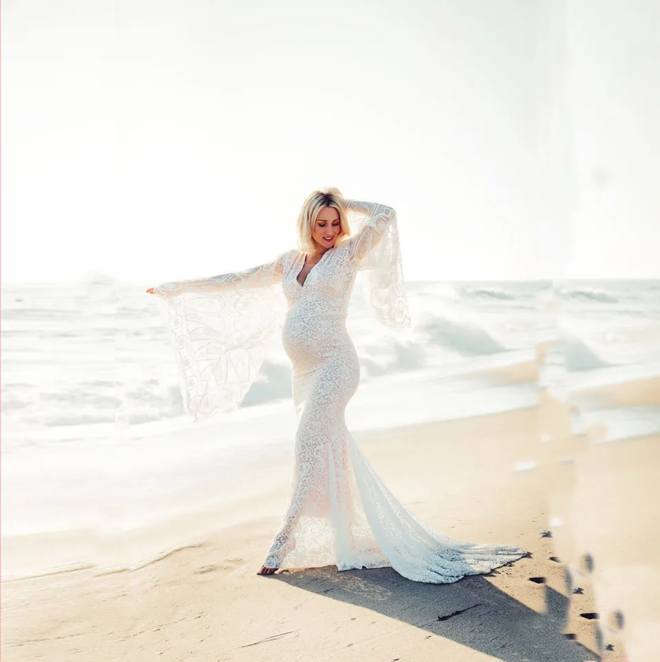 Белое прозрачное кружевное женское свадебное платье для беременных с V-образным вырезом и расклешенными рукавами