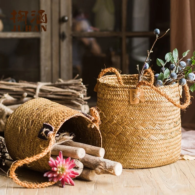 Natural Straw Flower Basket Flower Tube Flower Vessel Vase Storage Basket Decorative American Country Desktop Crafts
