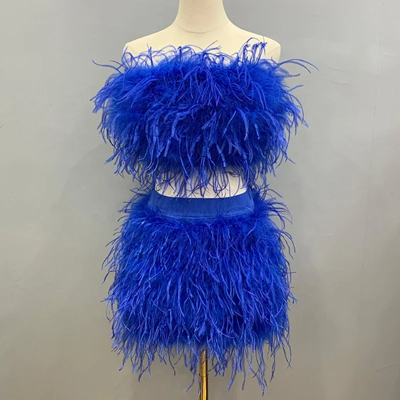 Fashion Sexy Crop Fur Top Feather Skirt Set Solid Color Ostrich Feather Fur Two Piece Set Women