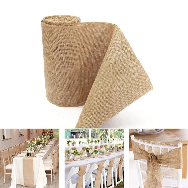 Khaki 30cm Width Linen Vintage Natural Jute Rustic Burlap Table Runner Art Deco Woven Decoration for Home and Hotel Use