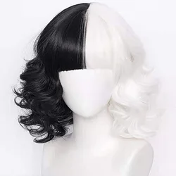 Cruella De Vil Cosplay Wig Short Fluffy Wavy Half Black and White Wigs Synthetic Hair for Halloween Short Bob Wavy