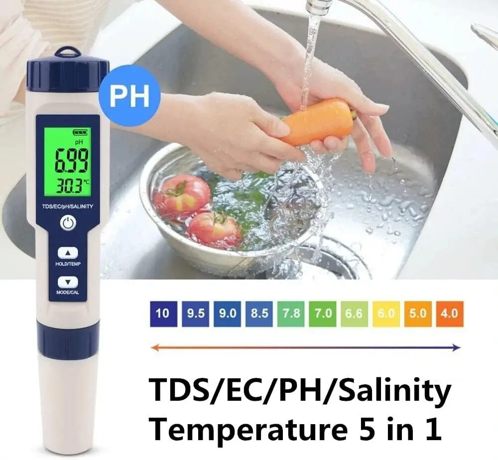 XIUDA 5 in 1 Convenient digital EC TDS PH temperature salinometer  9909 Water purifier drinking tap water quality tester