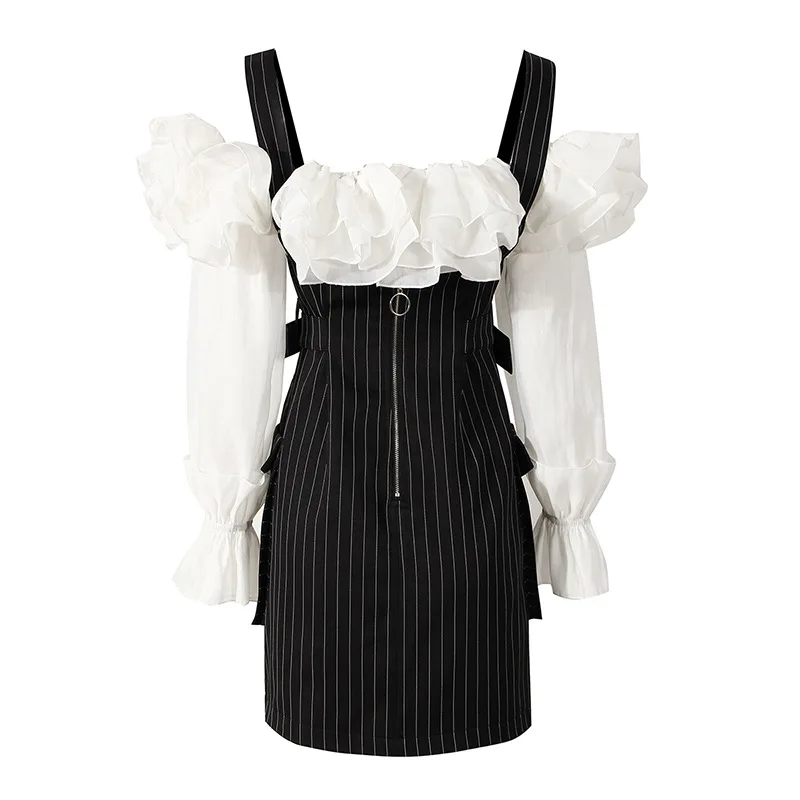 
Платье в стиле пэчворк в полоску с оборками платье для женщин Слэш шеи платье с длинными рукавами и высокой талией, в винтажном стиле; С имитацией двух отдельных изделий Платья Женская мода 