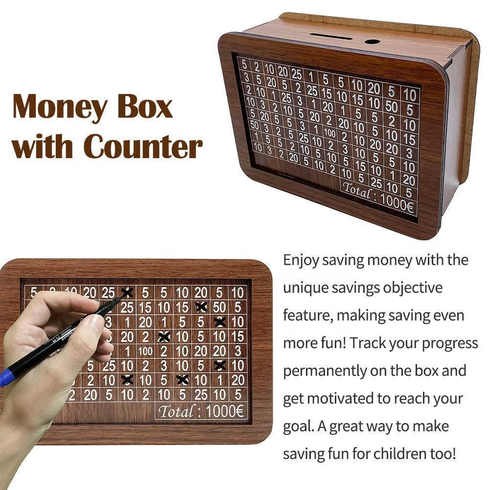 Factory Hot Selling Household creative Wooden Counter Piggy Bank 5000 USD  kid Money Box with Counter