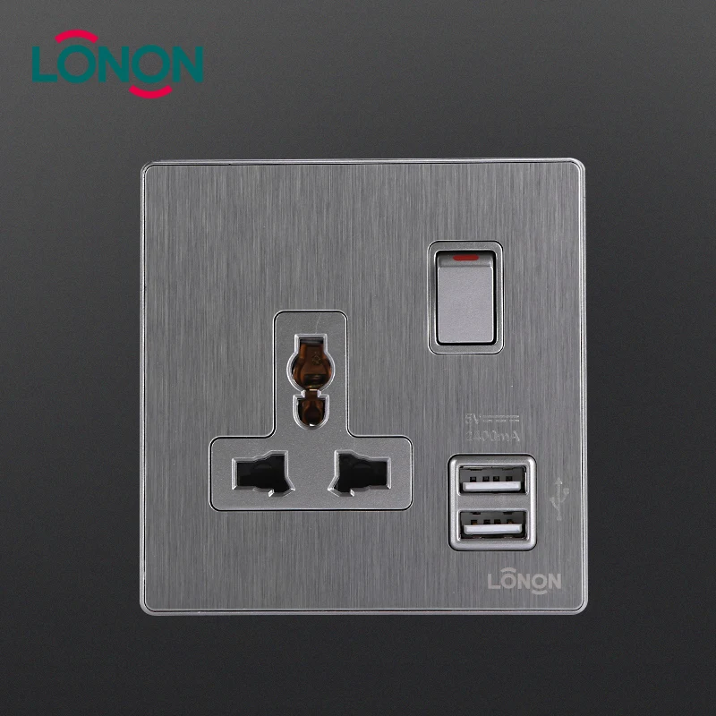 Multifunctional Stainless 13a 1 Gang Electrical Wall Switched Socket With USB Port