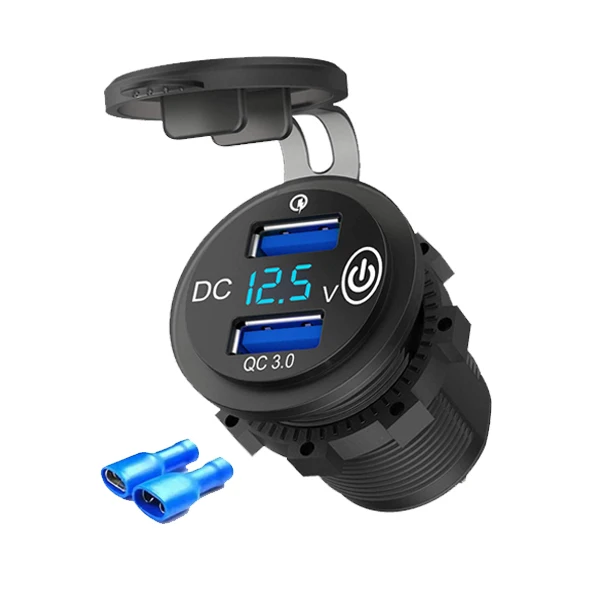 Factory direct sale QC3.0 Waterproof Quick Charge USB Dual Port Touch Screen Switch with Voltmeter Car Socket Adapter