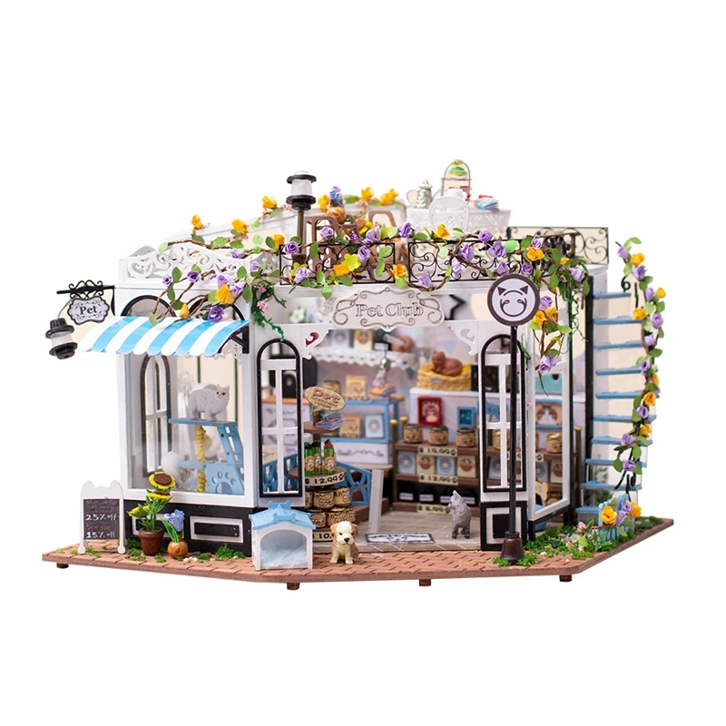 IIECREATE DIY 3D Wooden House Pet Club Miniature Pet Shop Puzzle Miniature House Kit for Adult