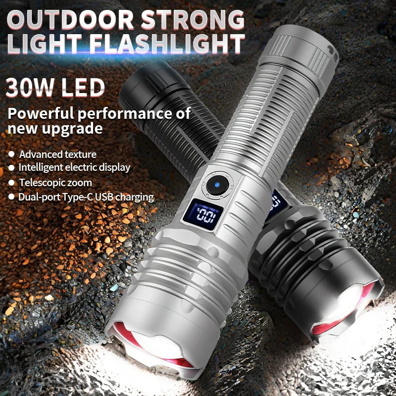 1200lm High Strong Power 30w Led Flashlights 1000m Zoom Tactical Light Emergency Spotlights Telescopic Torch