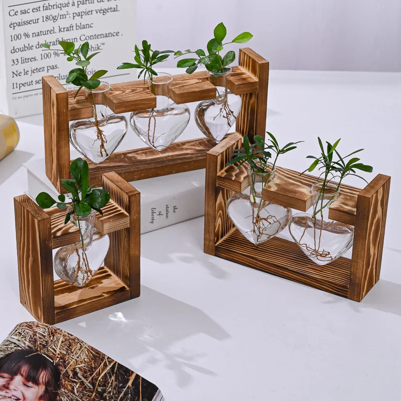 Container Vase Table Vase Wood Plant Holder Heart Shape Hydroponic Ware Glass Vase Glass