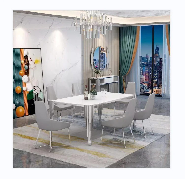 Door to Door USA Best Selling Stainless Steel Dining Table Set 1+6 1850mm Silver tempered glass Dinning Table Set