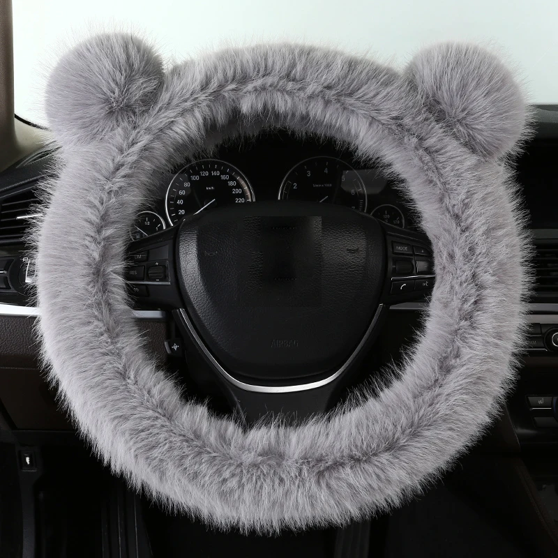 cute faux wool long plush comfortable anti slip unfading unshedding pink thermal girl steering wheel cover for lady