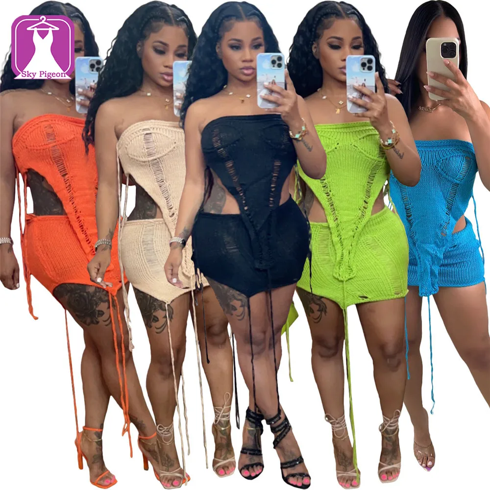 New Trendy Sexy Sleeveless Strapless Irregularity Top Mini Skirt Beach Wear Crochet 2 Piece Set Women Knitted