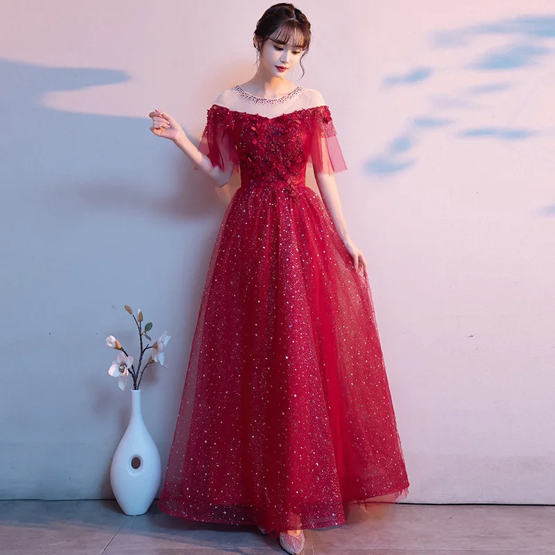 ZX-6064  dress wine red female 2024 new summer one shoulder bride wedding dress high waist cover belly large size