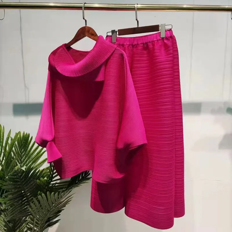 Autumn Factory outlet Plus Size Solid color  Miyake Pleated Polyester Breathable Women top With Wide PantsTwo Pieces set