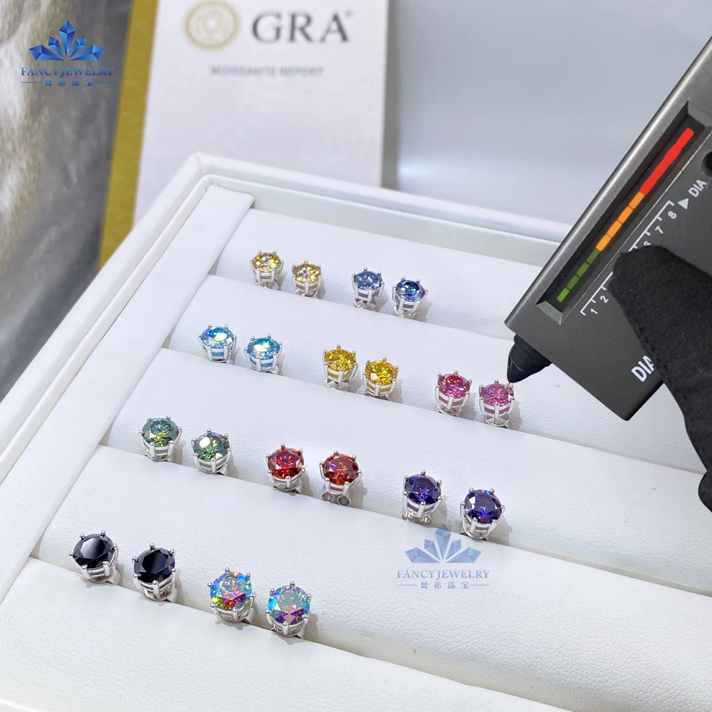 Pass Diamond Tester Colorful Diamond Jewelry 6.5mm 1CT Blue Green Red Yellow Black Moissanite Earrings for Women Men