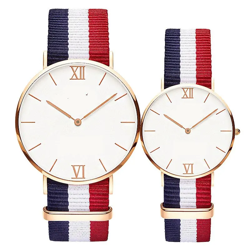 Fashion Simple Couple Watch Silver Shell White Face Watch Nylon Strap Quartz Watch