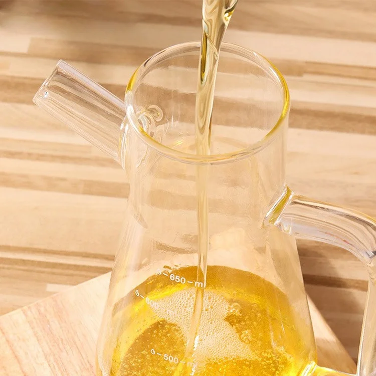 650ml Cooking Graduated Borosilicate Clear Glass Olive Oil And Vinegar Bottle Set With Handle Bamboo Lid