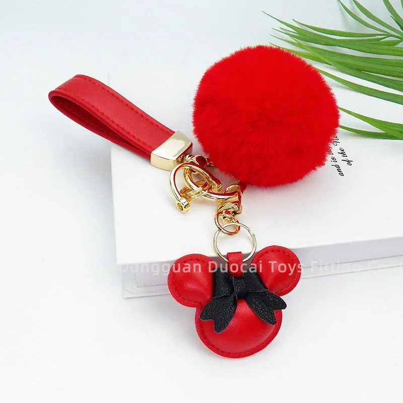 New Style Designer Fashion Mickey Pompom Bag Charms Genugine Leather  Car Key Chain Accessories Custom Luxury Fur Keychain